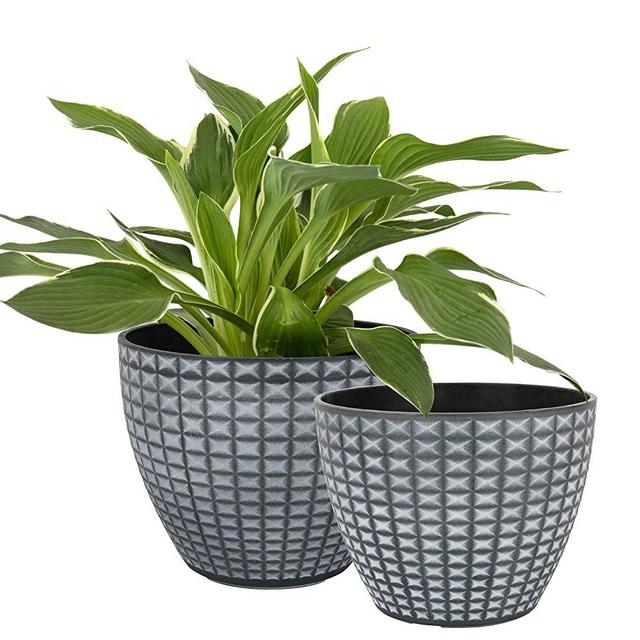 LA JOLIE MUSE Flower Pots Outdoor Indoor with Drainage, Modern Chic Planters with White Geometric Mosaic Texture Patterns in Gray Gradient Background, Set of 2 (8.6 + 7.5 Inch)