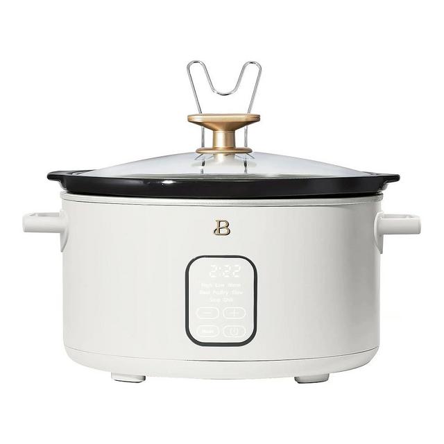 Beautiful 6 Qt Programmable Slow Cooker by Drew Barrymore-5 Preset Cooking Functions, Digital Countdown Timer, Dishwasher-Safe Parts and Cool-Touch Handles (White)