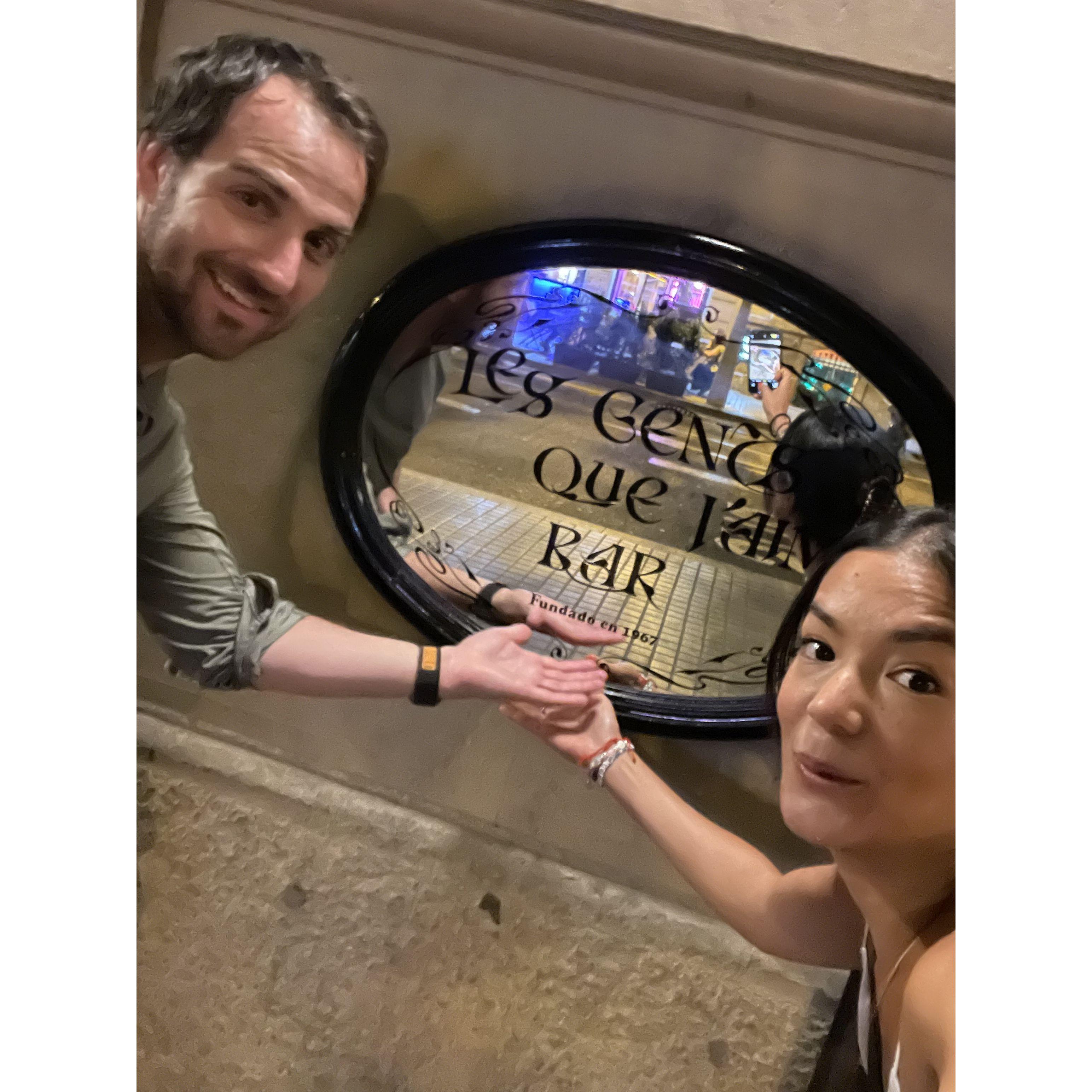 Visiting the bar where we first met in Barcelona more than a year later.