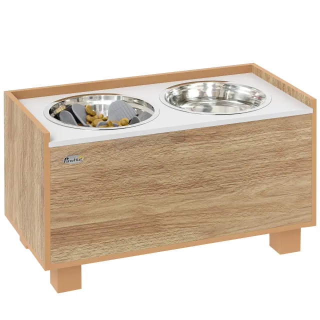 PawHut Elevated Dog Bowls, 14" H Raised Dog Bowl Stand with Slow Feeder Dog Bowl, Stainless Steel Food Water Bowl, Storage, Oak