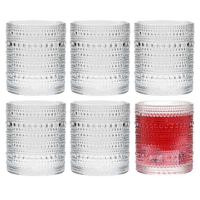 SUROQUE Hobnail Drinking Glasses Set of 6, 10oz Vintage Glassware Embossed Textured Kitchen & Bar Glass Cups for Cocktails, Juice, Whisky, Water, and More. Clear.