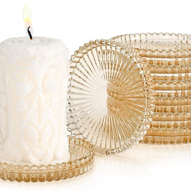 Glass Candle Holders, GOH DODD Set of 8 Crystal Pillar Plates Modern Coasters for Drinks, Centerpiece, Home Decor, Kitchen, Living Room, Patio, Wedding, Halloween, Christmas, Party, Amber