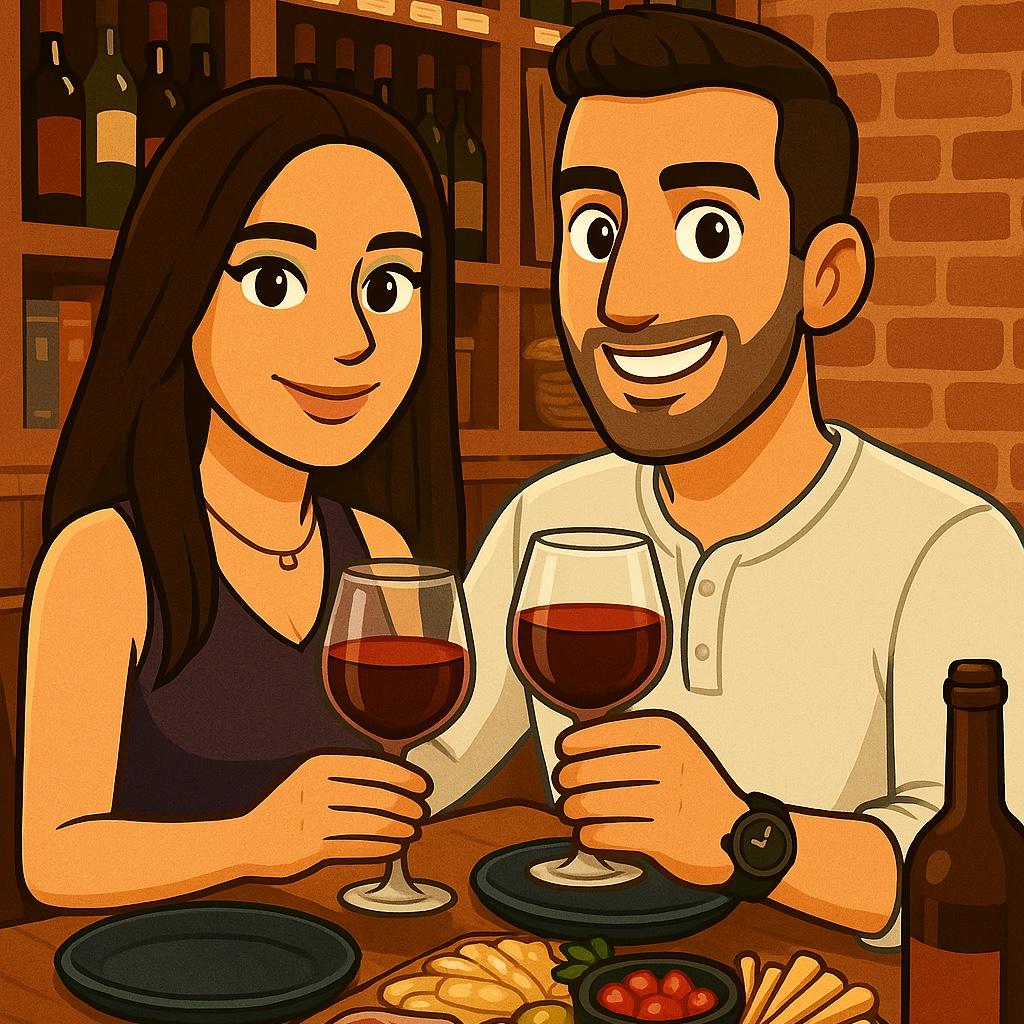 THEY SHARED SIPS OF RED
IN A COZY WINE ROOM,
WITH CANDLELIGHT FLICKERS
AND CHARCUTERIE BLOOM.
CHEESES AND MEATS
ON A PLATTER SO WIDE,
WITH LAUGHTER AND GLANCES
THEY COULDN'T QUITE HIDE.