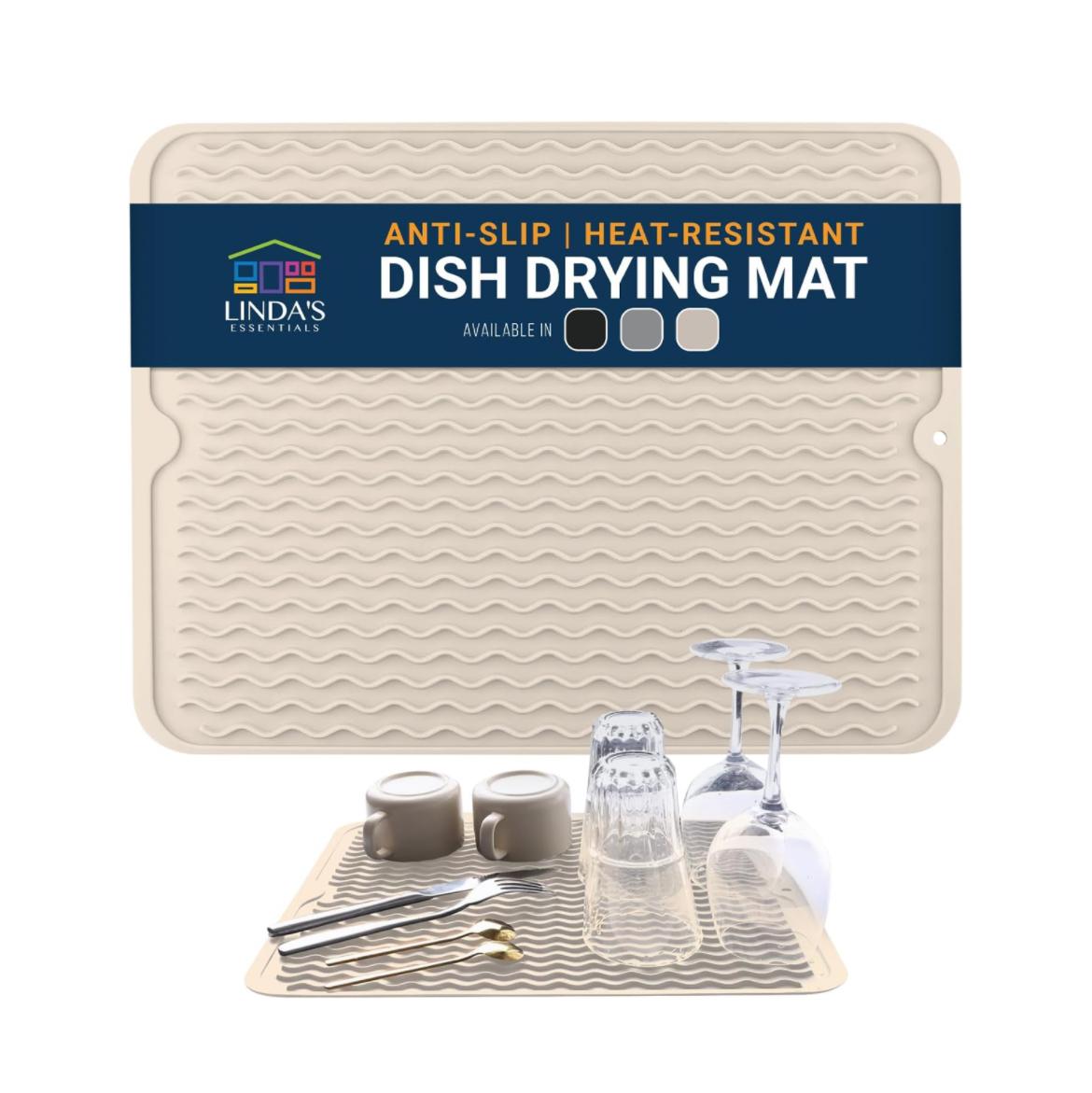 Silicone Dish Drying Mat for Kitchen Counter - Multi-Use 18 x 16 Inch Pad, Non-Slip & Heat-Resistant, Perfect Dish Drainer Mat by Linda’s Essentials, Ideal Kitchen Accessory (Beige)