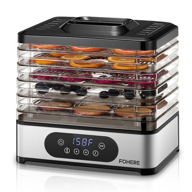 FOHERE Food Dehydrator, 5 BPA-Free Tray Dehydrators for Food and Jerky, Fruit, Herbs, Meat, Dog Treats, 48H Timer and 95-158°F Temperature Control, 400W Dehydrator Machine, 11.42" Stackable Trays