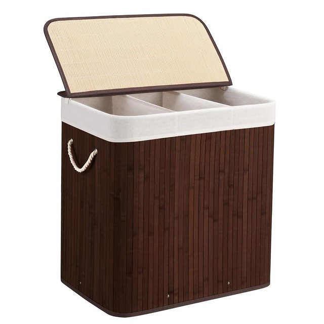 Aliphon 150L Laundry Hamper with lid, 3-Section Clothes Laundry Basket with Handles, Large Collapsible Bamboo Baskets for Bedroom, Bathroom, Dorm, Brown