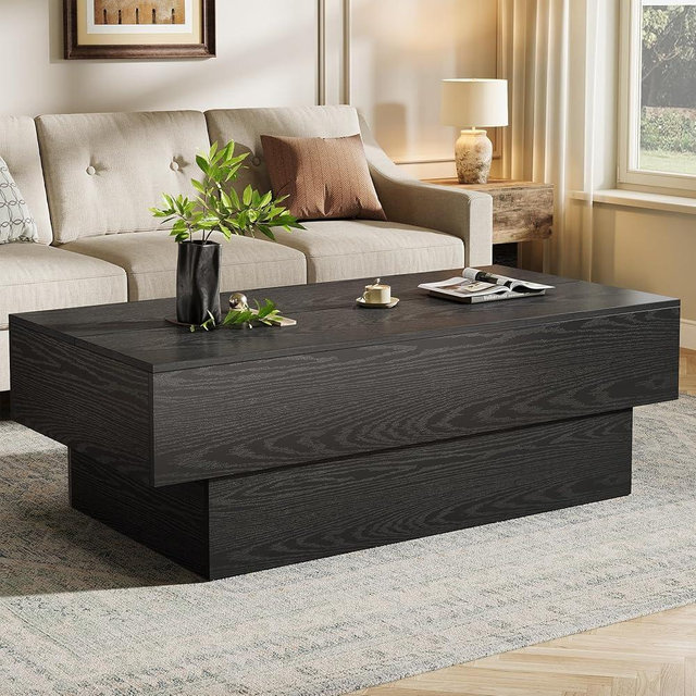 Tribesigns Modern Black Coffee Table, 55-Inch Rectangle Wooden Tea Table, Large Center Table for Living Room, Reception Room