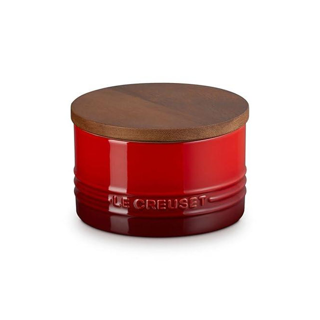Le Creuset Signature Medium Salt Cellar and Storage Canister with Wood Lid, 16 oz., Cerise