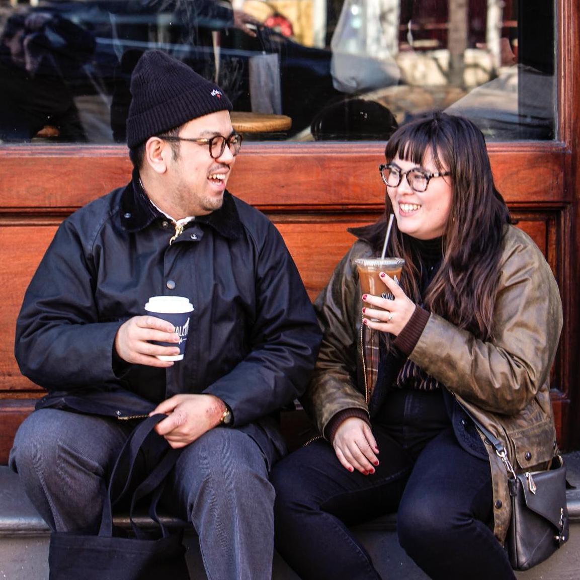 Drinking our Saturday morning coffee outside Swallow Cafe. A cortado or drip coffee for Martin, and an iced coffee for DeAnna, no matter how cold the weather.