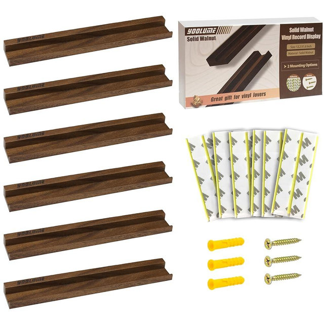 Yoolume Vinyl Wall Mount No Drill with 2 Mount Options(Adhesive & Screws), 6 Pack Solid Walnut Wood Record Display No Screws, Record Shelves for Wall, Album Magazine, Record Shelf, Vinyl Holder Wall