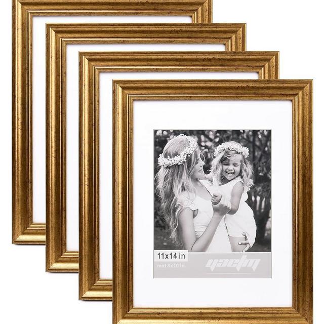 Yaetm 11x14 Gold Picture Frame with Mat for 8x10 Set of 4, 1.4" Wide Molding & Rustic Golden Picture Frames 11 x 14 with HD Tempered Glass, Gallery Wall Frame Set for Wall Mounting (4 pack, Gold)