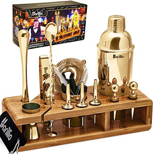 Gold 23-Piece Bartender Kit Cocktail Shaker Set by BARILLIO: Stainless Steel Bar Tools With Sleek Bamboo Stand, Velvet Carry Bag & Recipes Booklet