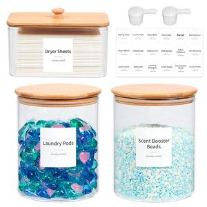 Glass Laundry Pods Container & Acrylic Dryer Sheet Holder with Bamboo Lids, Scoops & Labels | Premium Laundry Room Organization and Storage for Detergent Pods, Powder, Dryer Balls & Beads