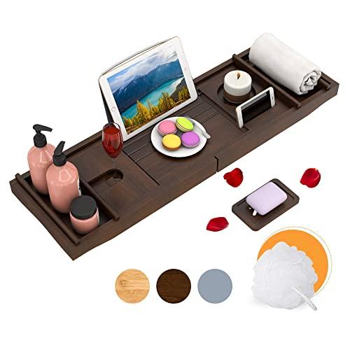Domax Bathtub Caddy Tray Expandable Bamboo Bath Tub Tray for Luxury Bath with Book Holder and Free Soap Dish Brown