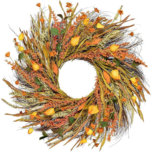 DearHouse 22 inch Fall Wreath Front Door Wreath Grain Wreath Harvest Gold Wheat Ears Circle Garland Autumn Wreath for Front Door Wedding Wall Home Thanksgiving Decor