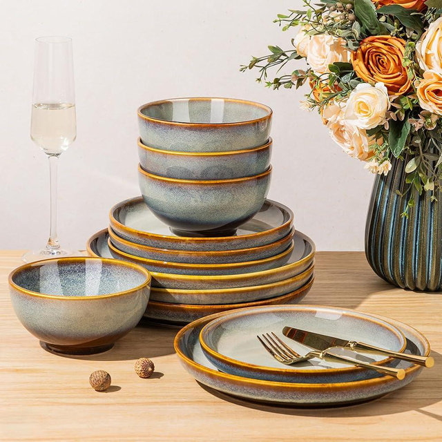 TheTerra Stoneware Dinnerware Sets for 4, 12 Pieces Ceramic Plates and Bowls Sets, Scratch Resistant Dish Set, Oven, Microwave & Dishwasher Safe, Dusk Blue