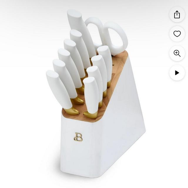 Beautiful 12 Piece Knife Block Set with Soft-Grip Ergonomic Handles White and Gold by Drew Barrymore