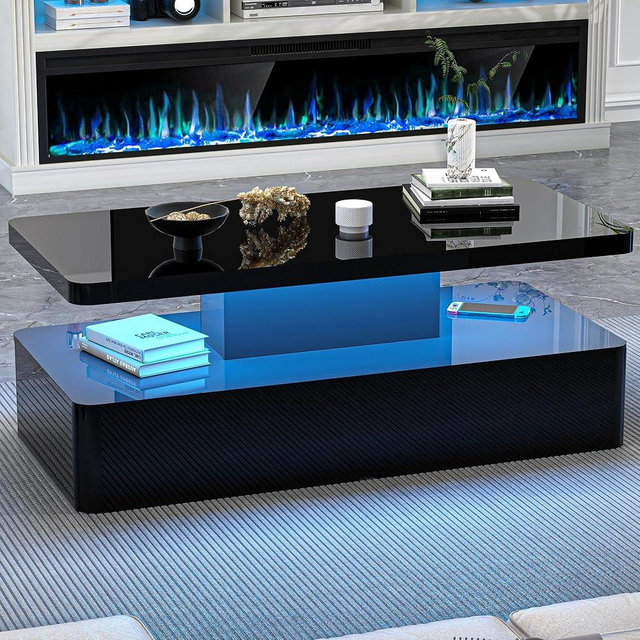 OUTGUAVA Contemporary Coffee Tables for Living Room, LED Coffee Table with Rounded Corner in 16 Colors, High Gloss 2 Tiers Table with Hidden Power Supply