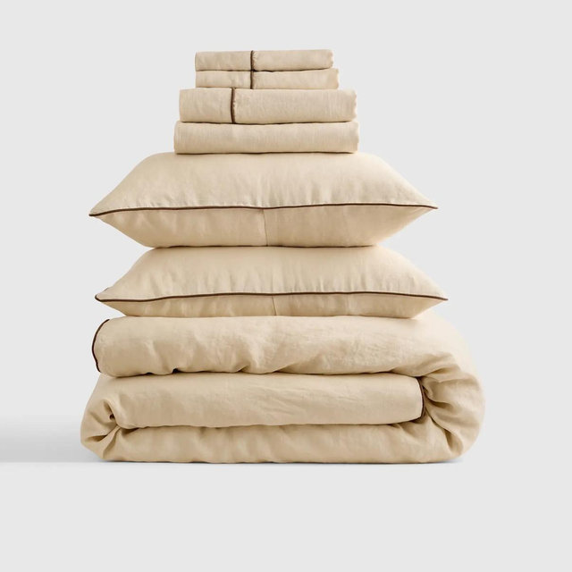 European Linen Piped Deluxe Bedding Bundle - Oat/Espresso, King