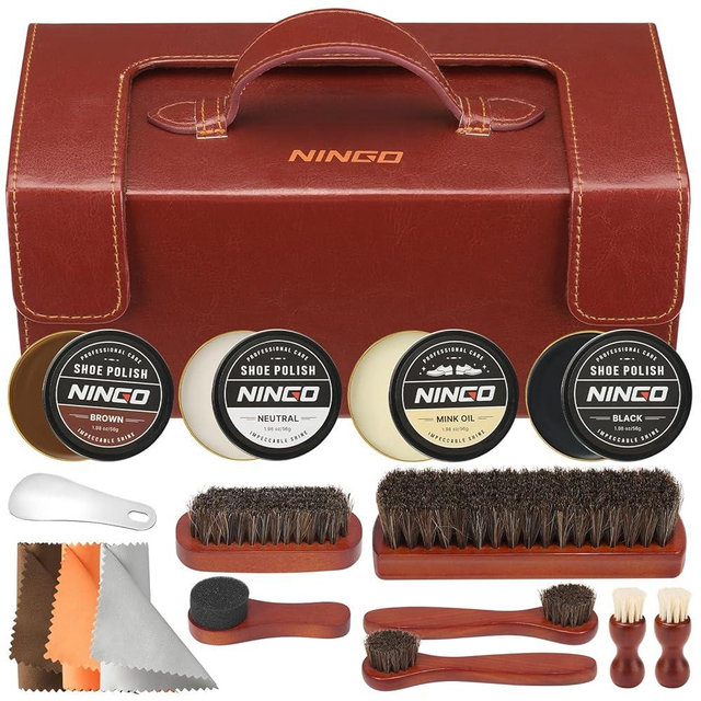 NINGO Leather Shoe Polish Kit, 16pcs Shoe Shine Kit with 6 Horsehair Brushes, 3 Black Brown Neutral Shoe Polish & Mink Oil