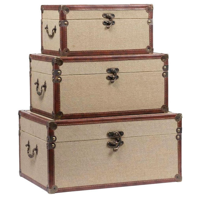 UPPER DECOR Farmhouse Decorative Storage Trunks Set of 3 Linen and Wood Boho Vintage Boxes with Metal Handles and Clasp, Rustic Wooden Keepsake Chests for Living Room, Entryway & Bedroom Organization