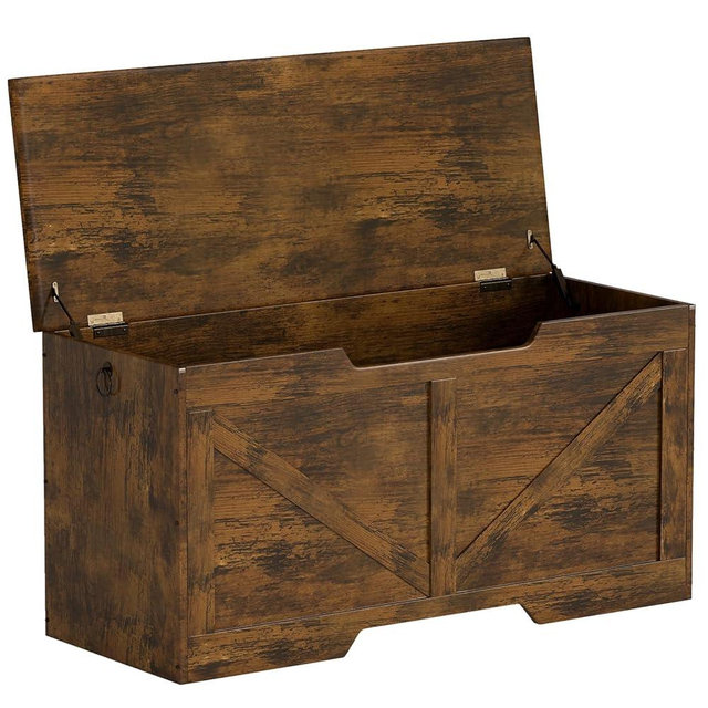 FDW 39.4 Inches Storage Bench, Retro Wooden Storage Benches with Safety Hinge, Entryway Storage Bench Supports 300 lb, Toy Chest Organizer, Easy Assembly for Entryway, Living Room, Brown
