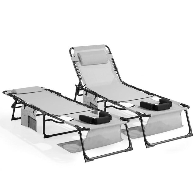 Unovivy Tanning Chairs with Face Hole Set of 2, Teslin Folding Outdoor Lounge Chair with 5-Position Reclining Back for Sunbathing, Pool, Patio, Camping