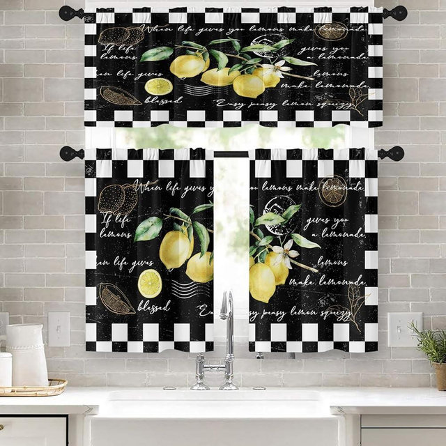 Tayney Lemon Kitchen Window Curtains Valance and Tier Set 36 Inch Fruit Black White Chessboard Background Rod Pocket Short Tier Curtain, Vintage Small Drapes for Kitchen Decor