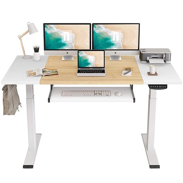 FEZIBO Dual Motor Height Adjustable Electric Standing Desk with Keyboard Tray, 63 x 24 Inch Sit Stand Table with Splice Board, White Frame/White and Natural Top