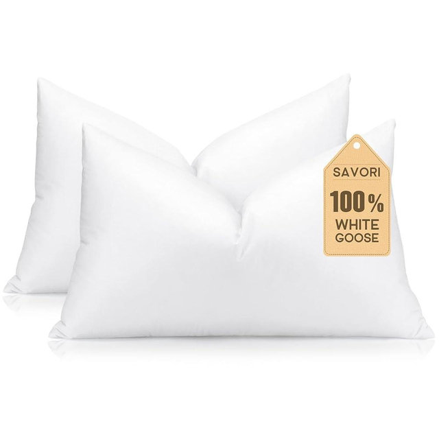 SAVORI Set of 2 Down and Feather Throw Pillow Inserts 12x20 Soft Fluffy Pillow Inserts with 100% Down-proof Cotton Cover, Decorative Square Cushion Inner for Sofa Couch Bed-White