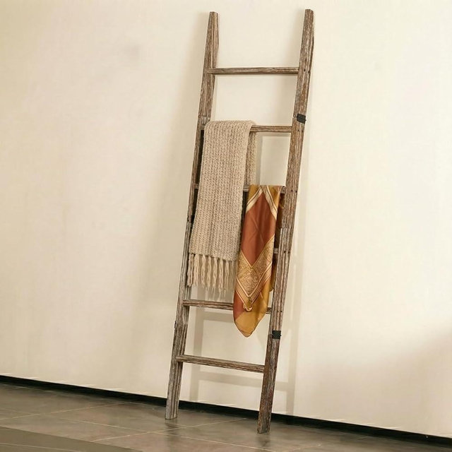 Blanket Ladder for Living Room 6-Tier, Wooden Decorative Quilt Holder for Bed Room, Wall-Leaning Towel Rack for Bathroom, Decorative Blanket Ladder Wood for Home Decor & Display (Dark Wash)