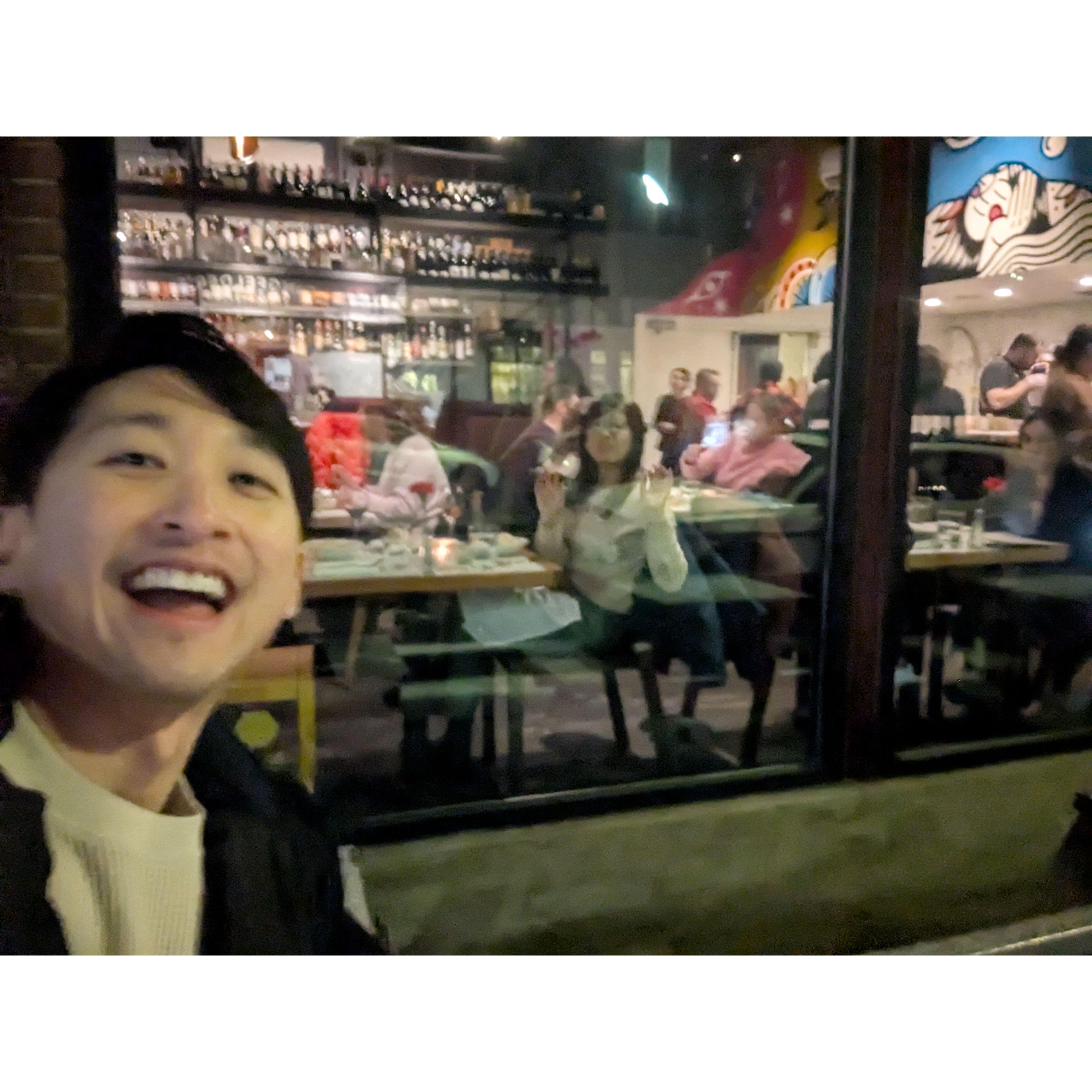 She had no idea I was going to go into the restaurant and propose, snapped this pic "on the way to the gym"