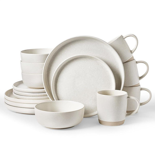 Famiware Milkyway Stoneware Dinnerware Sets with Mugs, Service for 4 (16 Pieces), Reactive Glaze Plates and Bowls Sets, Microwave and Dishwasher Safe Dishes Set, Matte Beige White