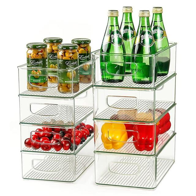 Set of 8 Refrigerator Organizer Bins, 4 Large and 4 Medium Stackable Plastic Fridge Organizers with Handles for Freezer, Kitchen, Cabinet, Pantry Food Storage Rack, BPA Free