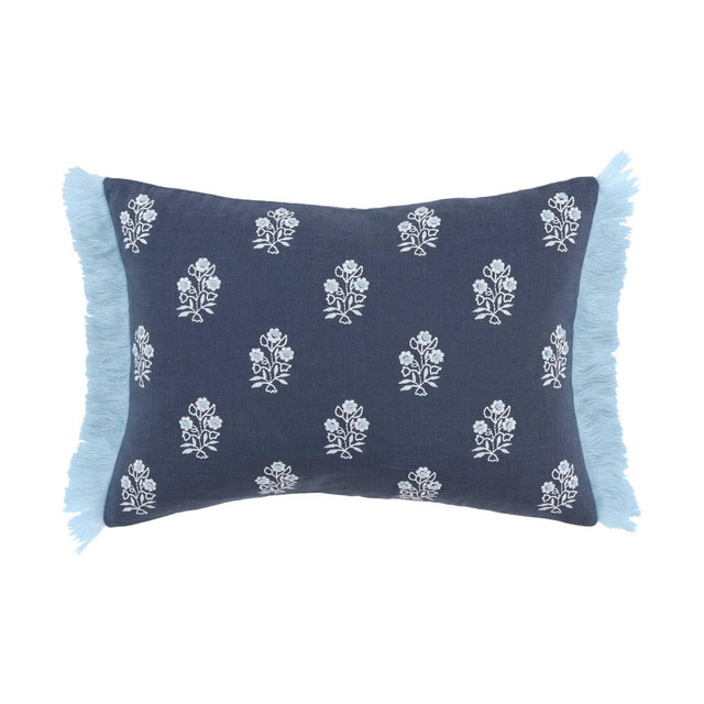 14"x20" Oversize Vintage Lumbar Throw Pillow Blue - Rizzy Home: Cotton Canvas, Removable Cover, Indoor Use