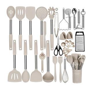 Silicone Cooking Utensils Set, NCUE 35 Pcs Kitchen Utensils Set with Holder, with Stainless Steel Handle Spatula Set, Spoons, Pasta Server, Cheese Grater, Masher, Scissors, Dishwasher Safe (Khaki)