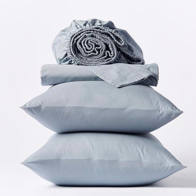 Coyuchi Organic Crinkled Percale Sheet Set - Lightweight, Breathable Sheets for Warm Sleepers - Made with 100% Organic Cotton, GOTS Certified - Queen, Steel Blue