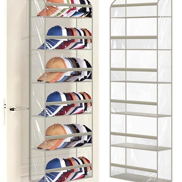 AOODA Clear Over the Door Hat Racks for Baseball Caps, Large Holds up to 72 Caps Hat Storage Organizer for Closet Wall, Deep Pockets Hanging Hat Holder Shelves with 3 Hooks, Grey