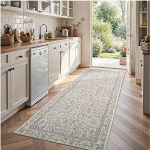 Jinchan Zenith Floral Runner Rug 3x10 Washable Kitchen Runner Non-Slip Low-Pile Soft Carpet Runner Botanical Throw Rug for Hallway Entryway Laundry Room Bedroom Blue/Cream