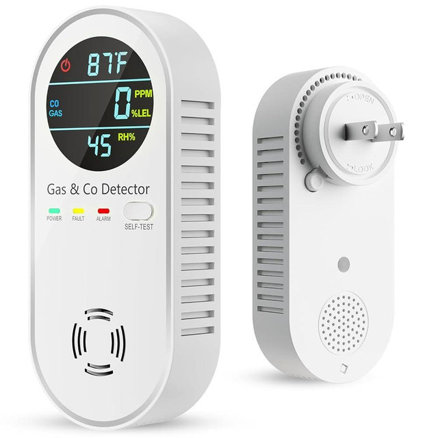 Carbon Monoxide Detectors & Natural Gas Detector, 4-in-1 Carbon Monoxide Detectors Plug in, Gas Leak Detector with Dual Alarms, Temperature & Humidity Sensor for Home, RV Essentials, White, 1 Pack