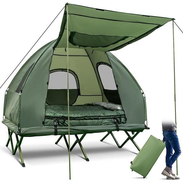 GYMAX Tent Cot, 5-in-1 Elevated Camping Cot with Sunshade, Air Mattress, Sleeping Bag & Pillow, Portable Camping Tent with Carry Bag for Outdoor Camping, Hiking, Fishing, Picnic