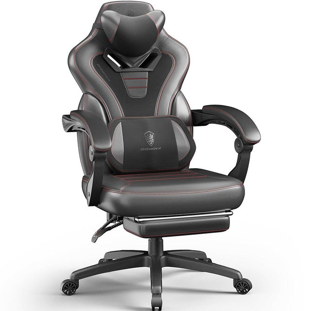 Dowinx Gaming Chair with Footrest, Gaming Chair for Heavy People, Gamer Chair for Adult with Massage, Computer Gaming Chair with PU, PC Game Chair for 200lbs (Black)