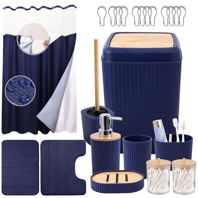 23-Piece Bathroom Accessories Set Navy Blue - Waffle Shower Curtain with Liner, Velvet Non-Slip Bath Mat, Trash Can, Toilet Brush, Soap Dispenser, Toothbrush Holder, Swab Case, Soap Dish & Tumbler