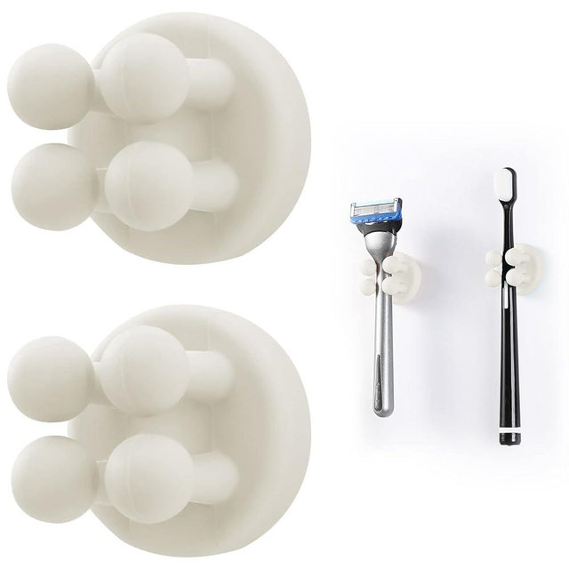 2 Pcs Silicone Toothbrush Holders - Multi-Function Self Adhesive Wall Mounted Hooks for Hanging Key, Toothbrush Razor and Small Items for Kitchen Bathroom Living Room Office (White)
