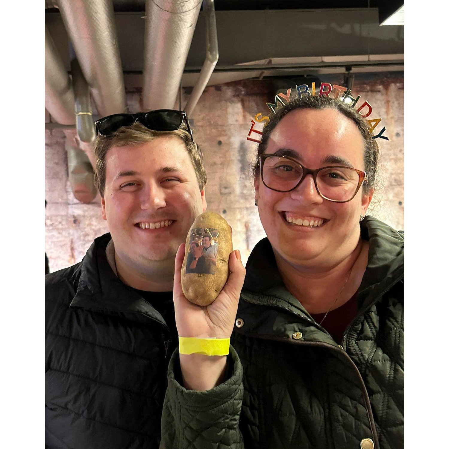 Our 30th bday party posing with our engagement potato (thnx Erika)