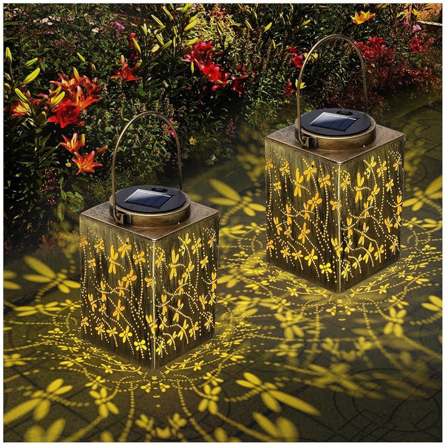 2 Pack Solar Lanterns - Waterproof Metal Hanging Solar Lights Outdoor Decorative, Solar Powered LED Lamp for Patio Tabletop Porch Deck Yard Garden Decor for Outside (Dragonfly)