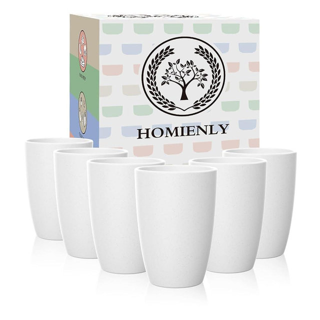 Homienly Wheat Straw Drinking Glasses, 12 OZ Alternative to Plastic Cups Set of 6, Reusable Drinking Cups for Kitchen, Outdoor, Unbreakable Lightweight Water Tumblers, Dishwasher Safe Cup Set(White)