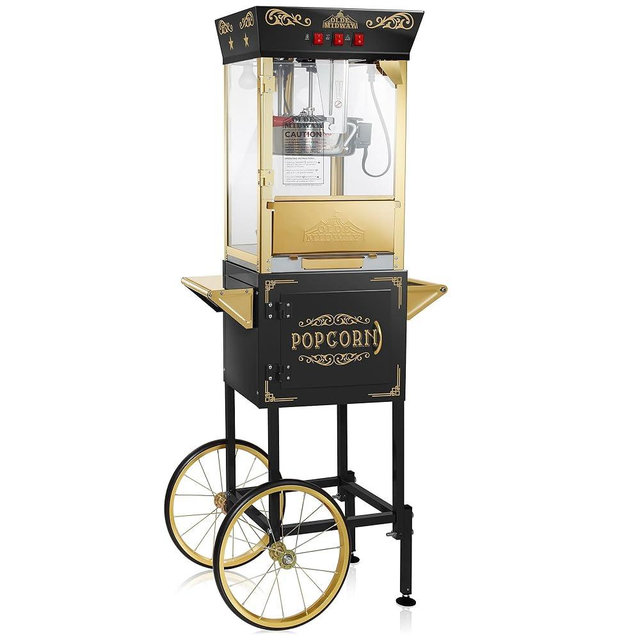 Olde Midway Movie Theater-Style Popcorn Machine Maker with Cart and 10-Ounce Kettle - Black, Vintage-Style Popper on Wheels