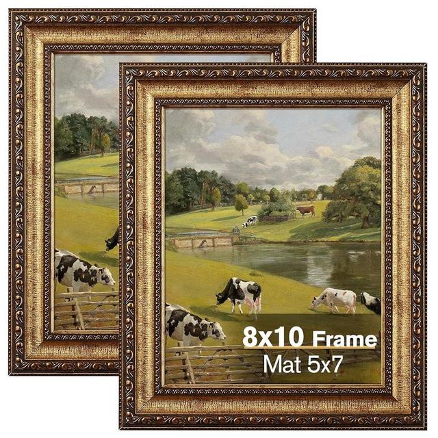 Splinterix 8x10 Gold Picture Frame, 2 Pack Ornate Vintage Picture Frames for Wall or Tabletop Display, 8x10 Photo Frame Gold with Real Glass, Display Poster 5x7 with Mat or 8x10 without Mat for Antique Déco