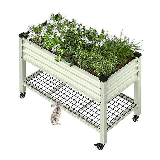 BlueWish 48"W x 24"D x 34"H Outdoor Galvanized Garden Bed, Elevate Raised Bedwith Detachable Black Liner, Rolling Casters, Storage Shelf, Movable Planter Boxes for Gardening, Vegetable, Flower, Beige
